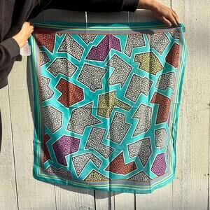 VTG Geometric Silk Scarf | Teal Abstract Print | 80s Colorful Statement Scarf